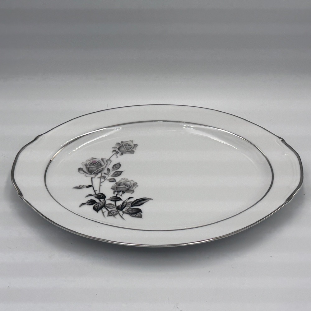 Vintage Fine China Oval Serving Platter White Grayscale Rose Silver Trim Scallop